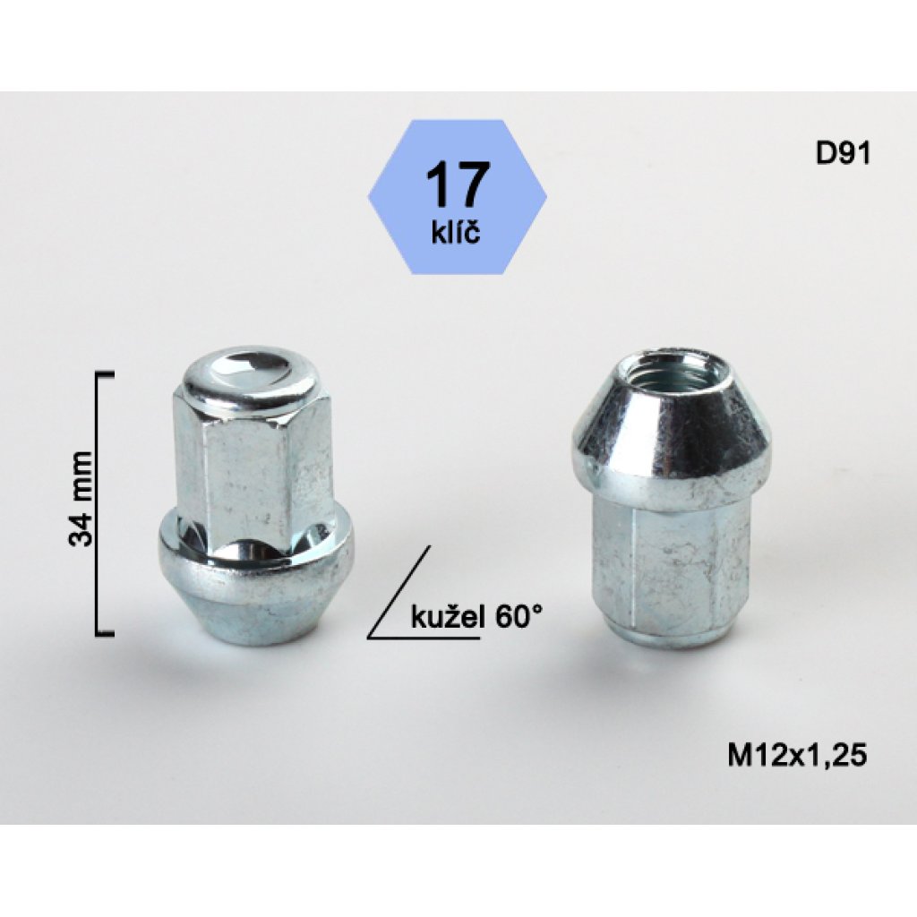 Kolová matice M12x1,25 kužel zavřená, klíč 17 (D91)(RA2D15/S) výška 34mm
