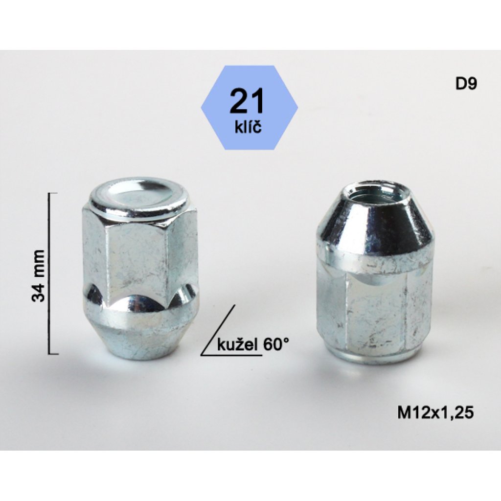 Kolová matice M12x1,25 kužel zavřená, klíč 21 (D9)(R1D14/S ) výška 34mm
