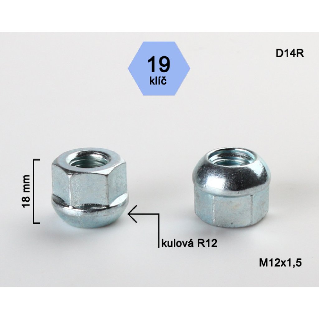 Kolová matice M12x1,5 kulová R12 otevřená (D14R12) klíč 19, výška 18mm