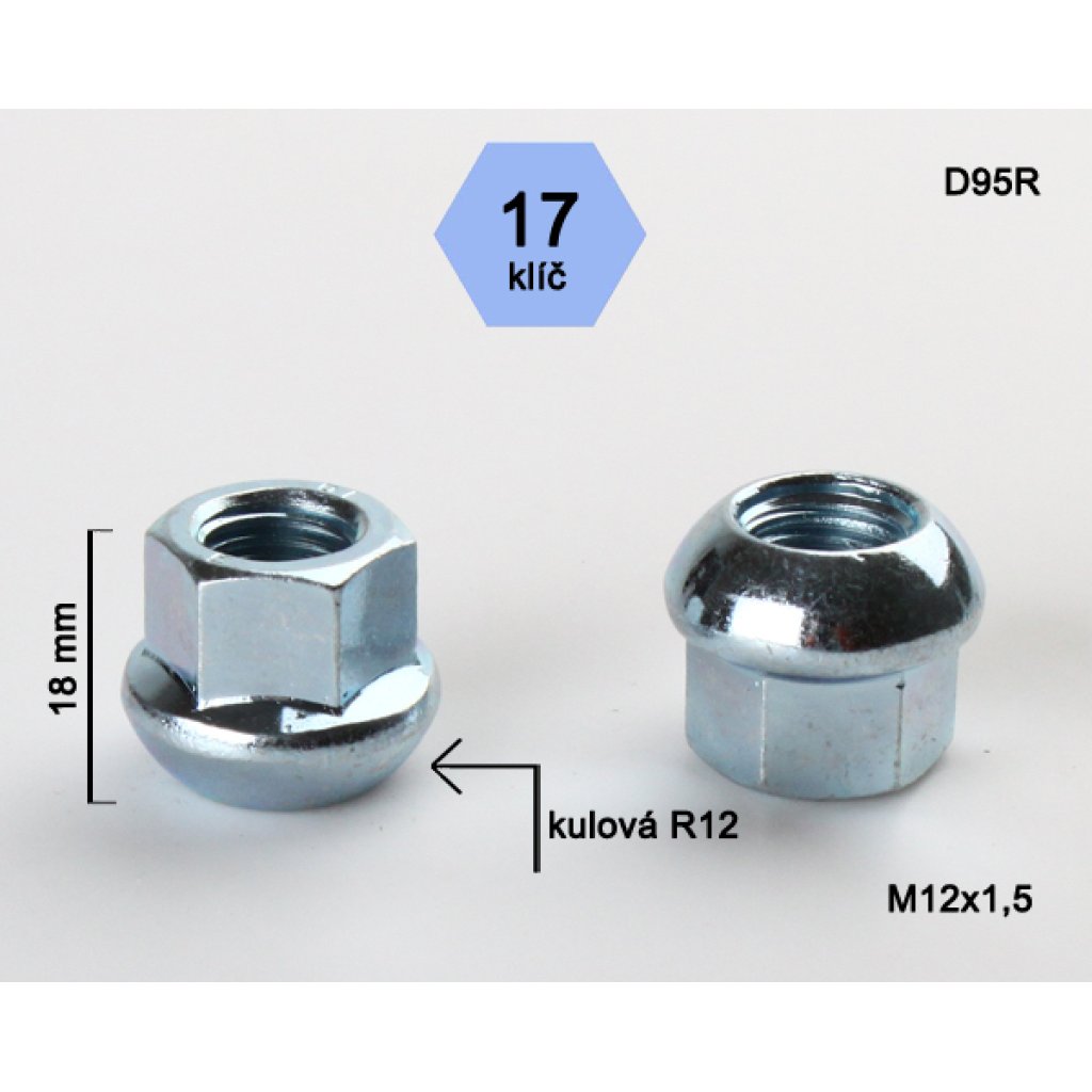 Kolová matice M12x1,5 kulová R12 otevřená, klíč 17 (D95R12) výška 18mm