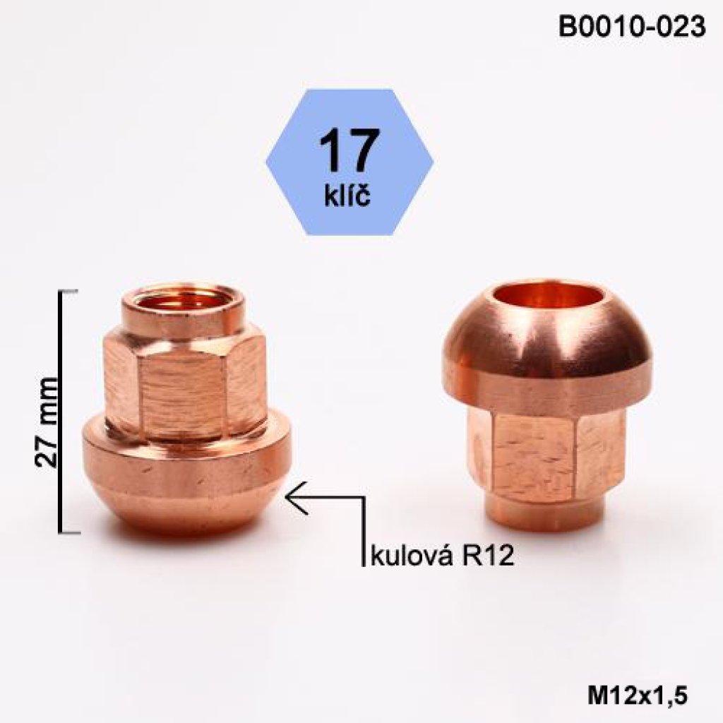 Kolová matice M12x1,5 kulová R12 otevřená poměděná, klíč 17 (B0010-023) výška 27mm