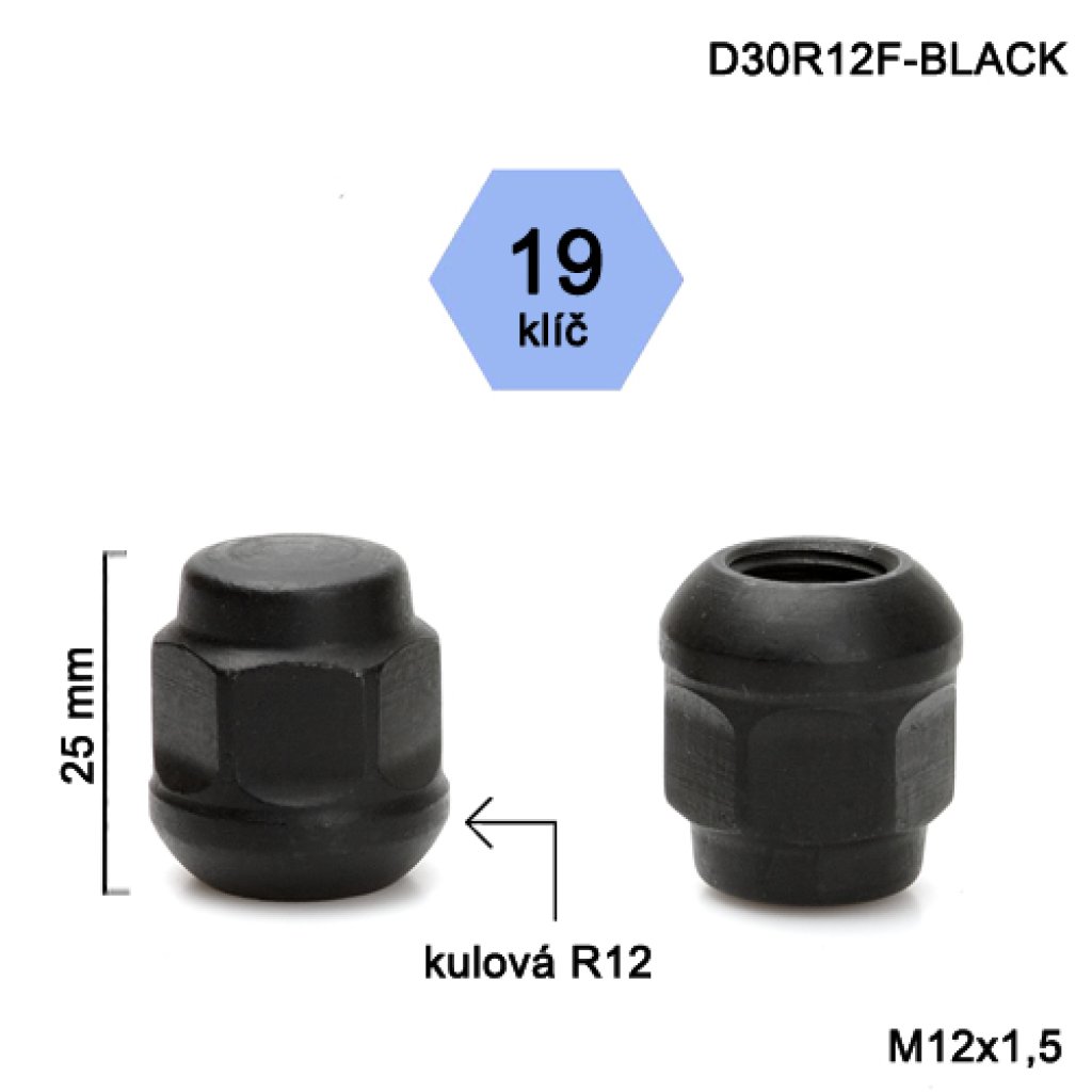 Kolová matice M12x1,5 kulová R12 zavřená, černá, klíč 19 (D30R12F-BLACK) výška 25mm