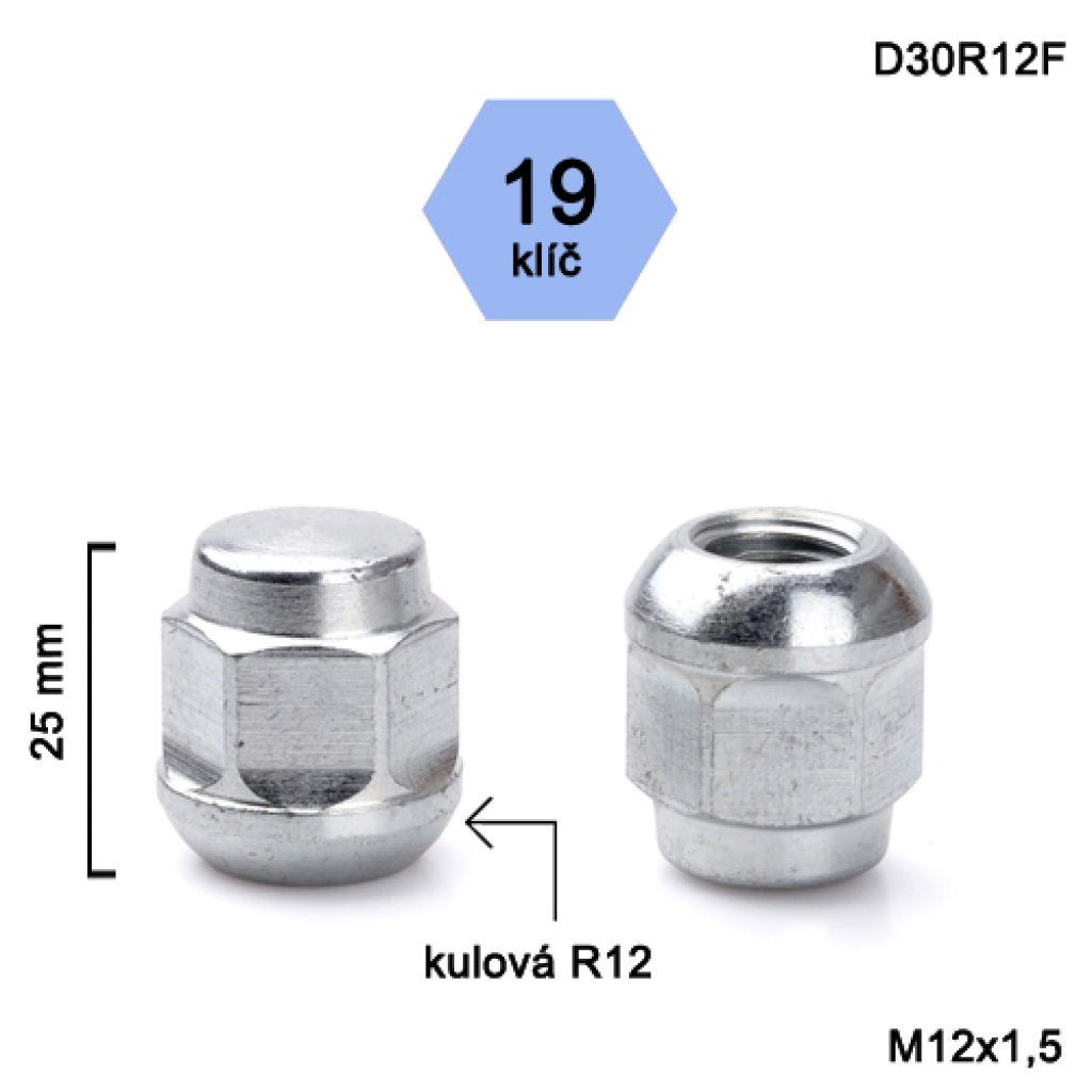 Kolová matice M12x1,5 kulová R12 zavřená, klíč 19 (D30R12F) výška 25mm