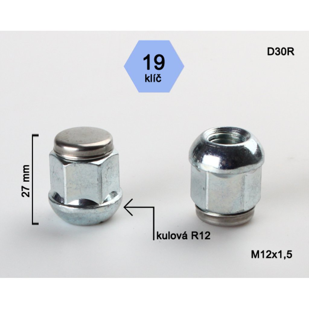 Kolová matice M12x1,5 kulová R12 zavřená nerez víčko, klíč 19 (D30R12) výška 27mm