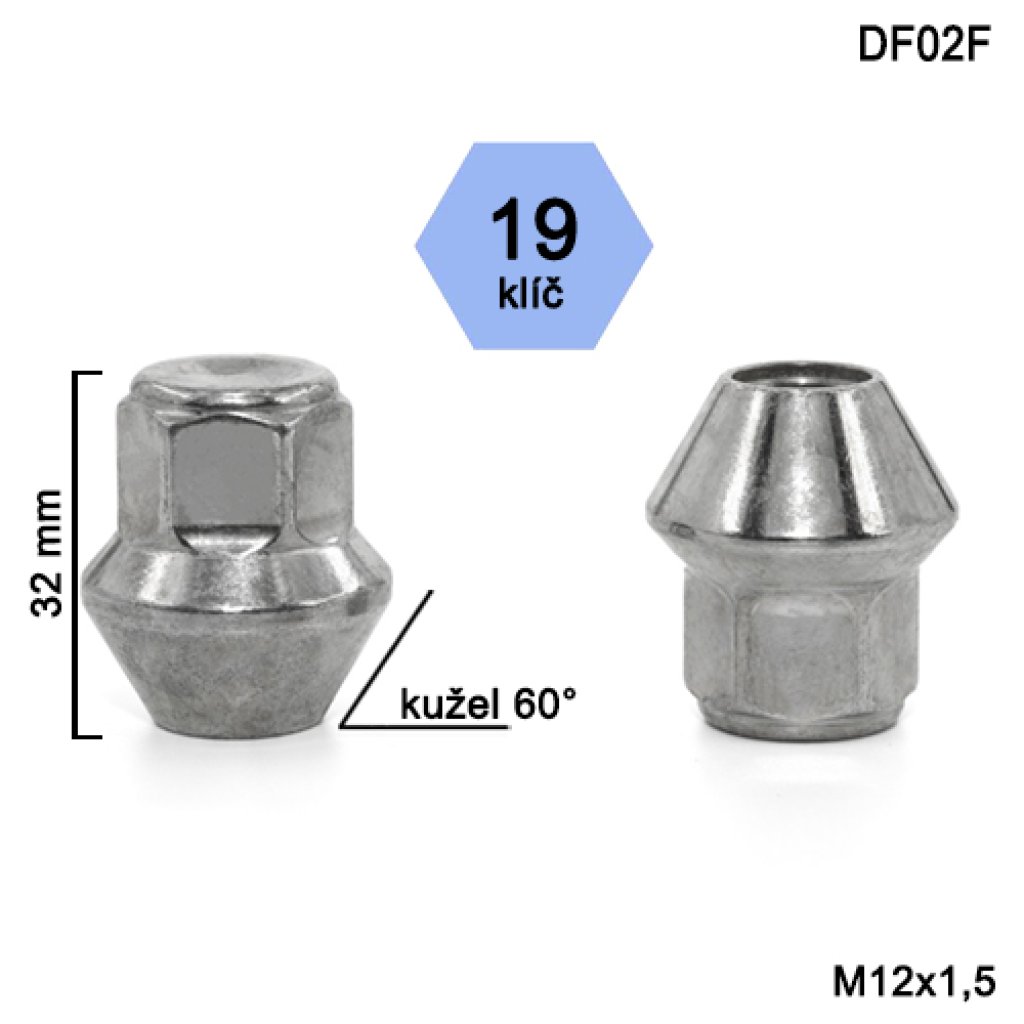 Kolová matice M12x1,5 kužel, Ford, klíč 19 (DF02F)(DE57/S) výška 32mm
