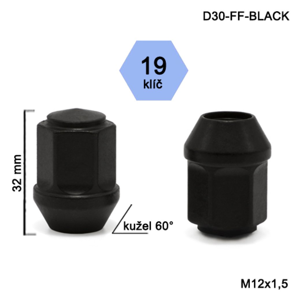 Kolová matice M12x1,5 kužel, klíč 19, (D30-FF-BLACK)(HAF/S BLK) černá, výška 32mm