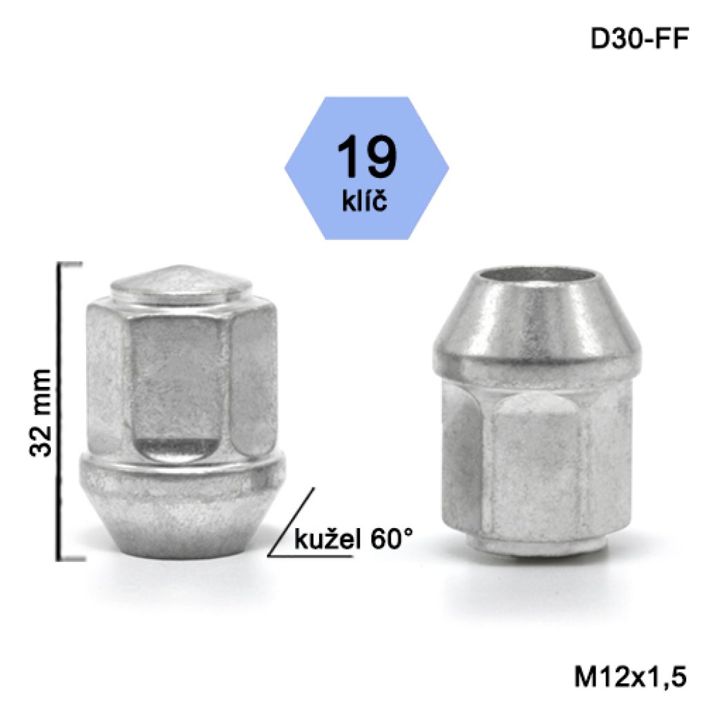 Kolová matice M12x1,5 kužel, klíč 19, (D30-FF)(HAF/S) výška 32mm