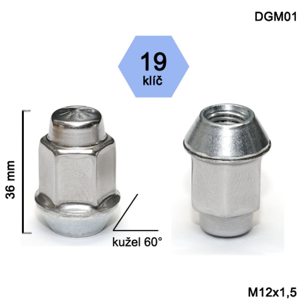Kolová matice M12x1,5 kužel nerez krytka, klíč 19 (DGM01) výška 36mm