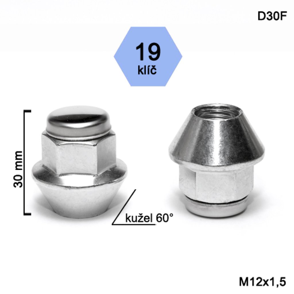 Kolová matice M12x1,5 kužel nerez víčko, klíč 19, (D30-FORD) výška 30mm
