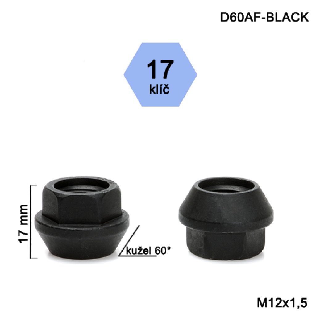 Kolová matice M12x1,5 kužel otevřená, černá, klíč 17 (D60AF-BLACK)(DE31/S BLK) výška 17mm