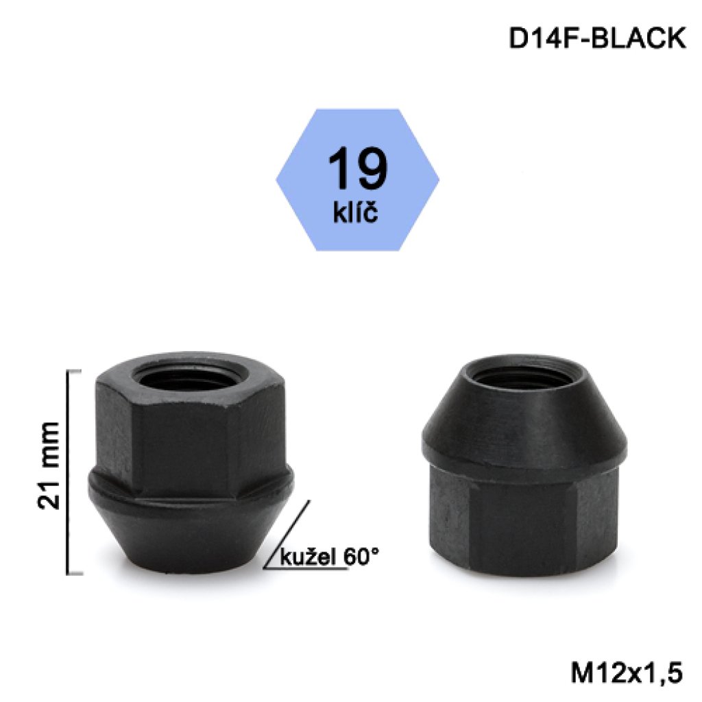 Kolová matice M12x1,5 kužel otevřená, černá, klíč 19 (D14F-BLACK)(D37S/BLK) výška 21mm