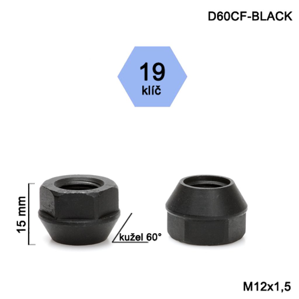 Kolová matice M12x1,5 kužel otevřená, černá, klíč 19 (D60CF-BLACK)(DE29/S BLK) výška 15mm