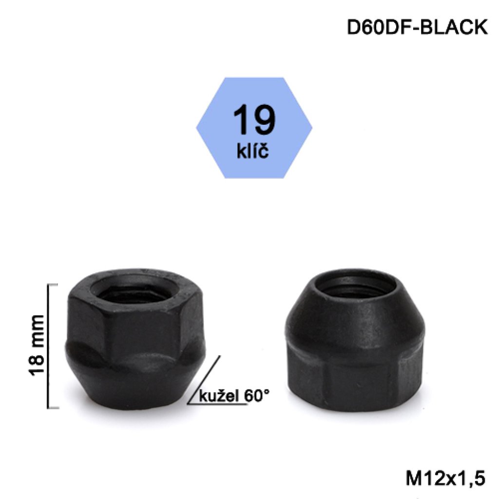 Kolová matice M12x1,5 kužel otevřená, černá, klíč 19 (D60DF-BLACK) výška 18mm