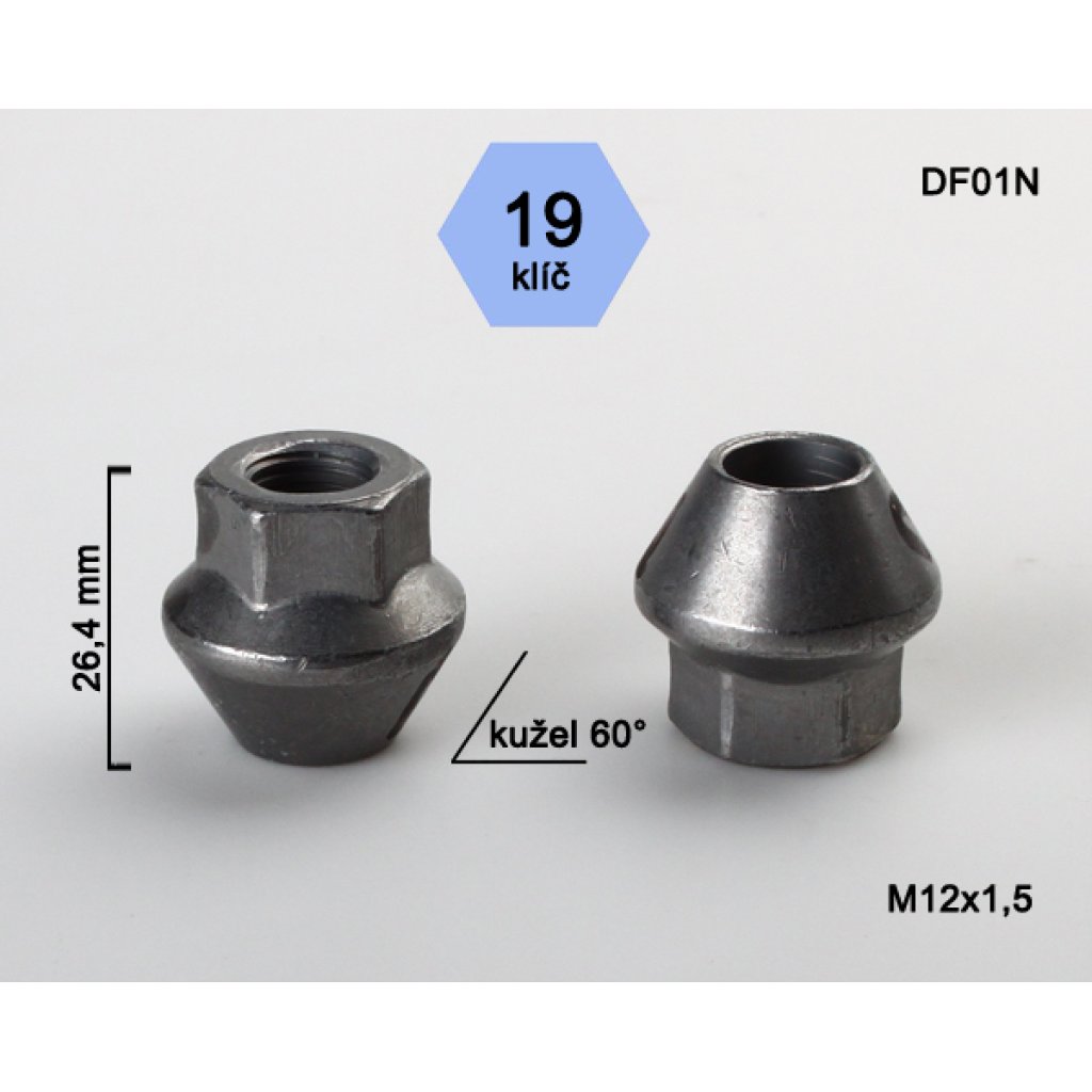 Kolová matice M12x1,5 kužel otevřená, Ford, klíč 19 (DF01N) výška 26,4mm
