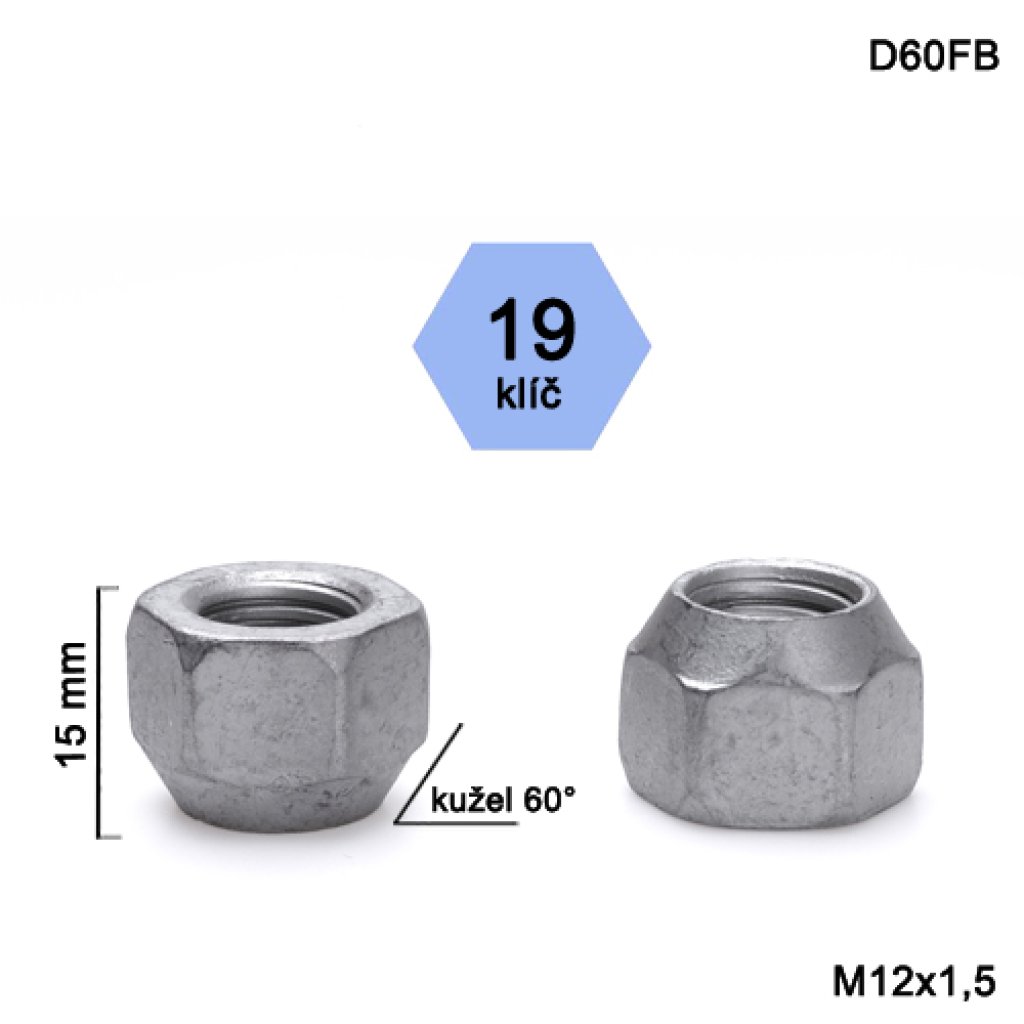 Kolová matice M12x1,5 kužel otevřená, klíč 19 (D60FB) výška 15mm