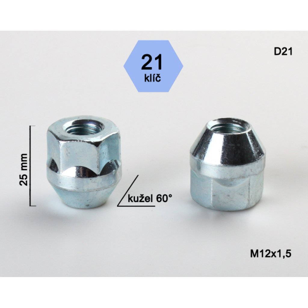 Kolová matice M12x1,5 kužel otevřená, klíč 21 (D21) výška 25mm
