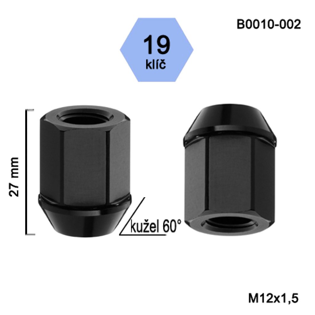Kolová matice M12x1,5 kužel otevřená odlehčená černá, klíč 19 (B0010-002) výška 27mm
