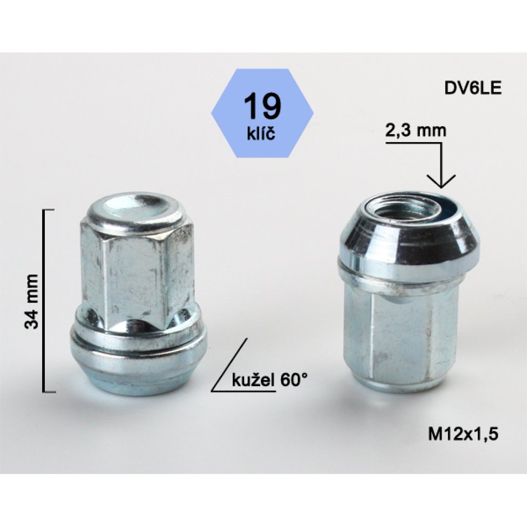 Kolová matice M12x1,5 kužel plovoucí pro změnu rozteče, klíč 19 (DV6LE) výška 34mm