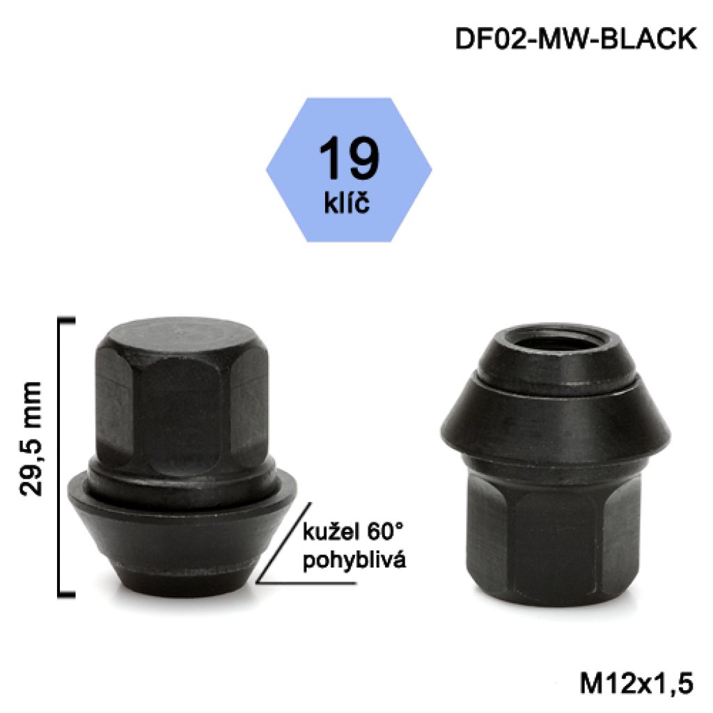 Kolová matice M12x1,5 kužel pohyblivá, černá, Ford, klíč 19 (DF02-MW-BLACK) výška 29,5mm