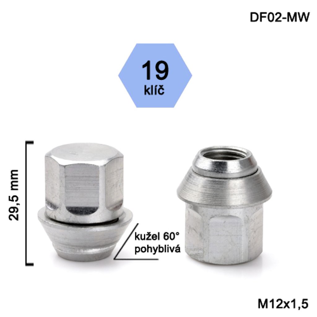 Kolová matice M12x1,5 kužel pohyblivá, Ford, klíč 19 (DF02-MW)(T2DA1/S) výška 29,5mm