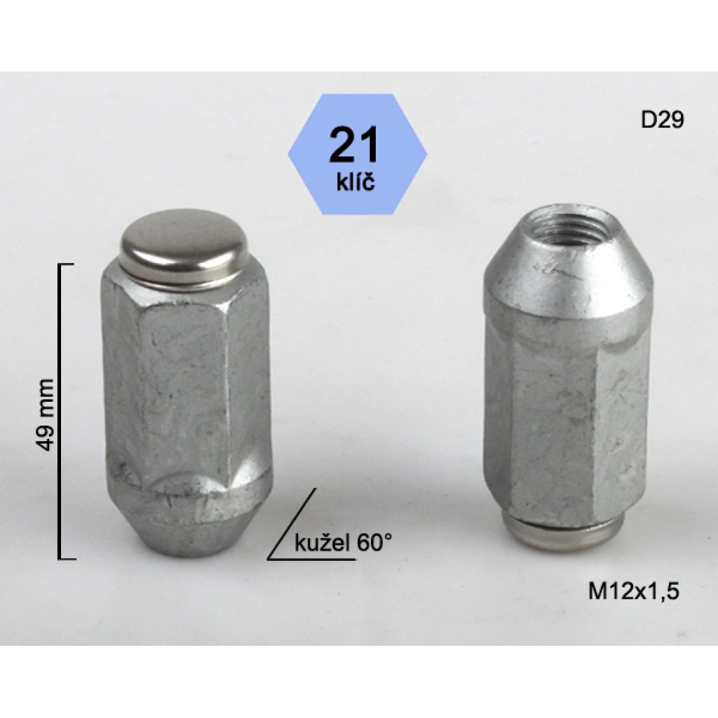 Kolová matice M12x1,5 kužel prodloužená nerez víčko, klíč 21 (D29) výška 49mm