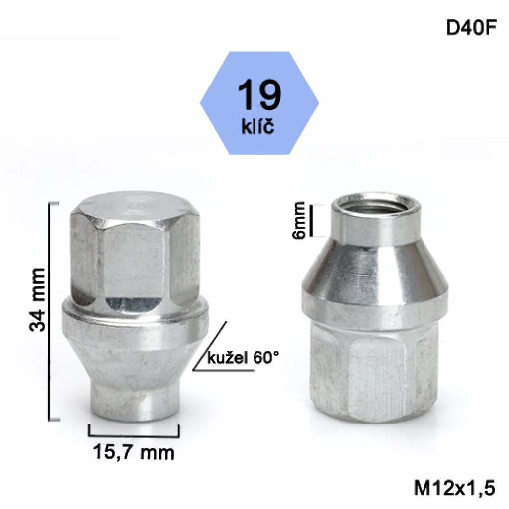 Kolová matice M12x1,5 kužel s krčkem 15,7, klíč 19 (D40F)(TL1/S) výška 34mm délka krčku 6