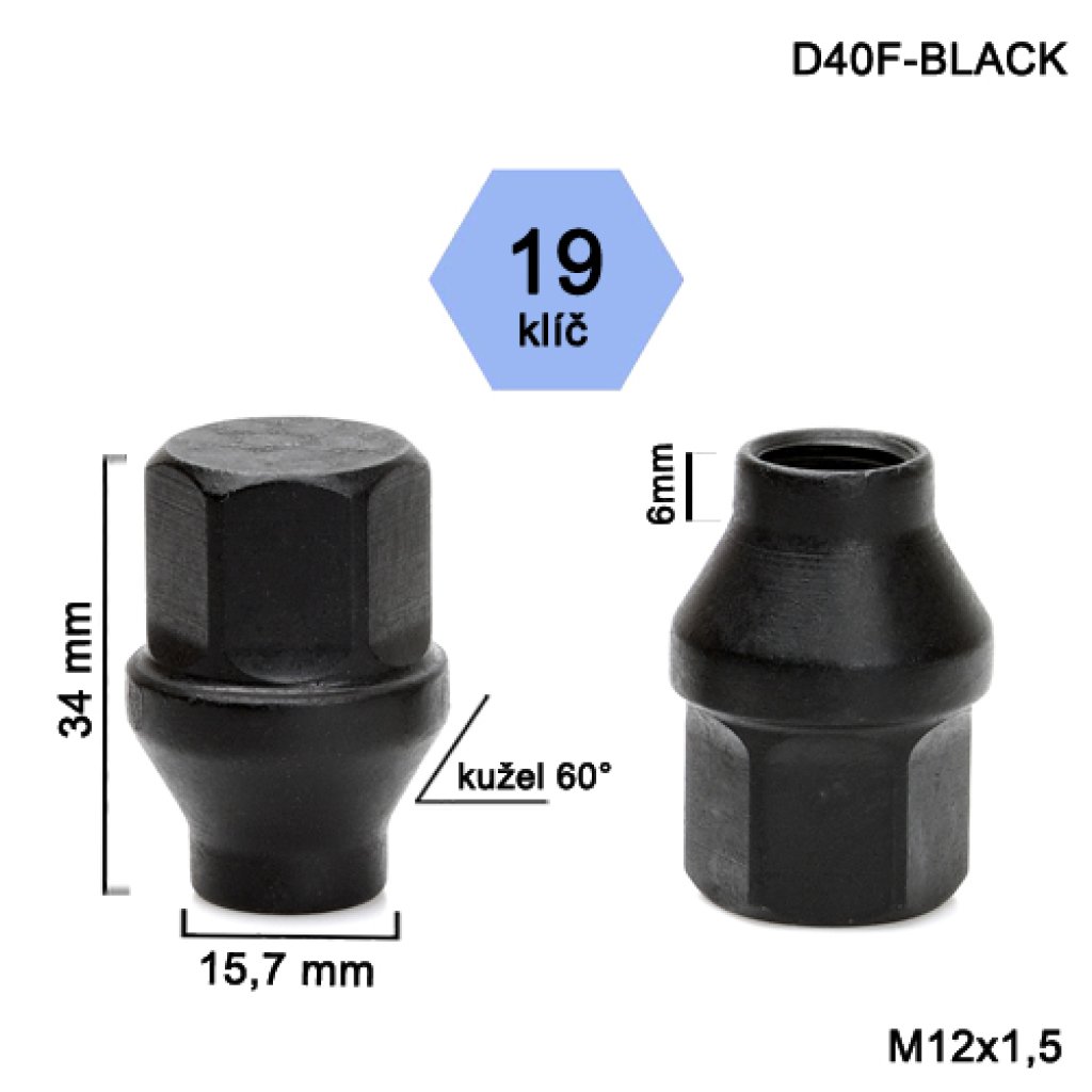 Kolová matice M12x1,5 kužel s krčkem 15,7 zavřená, černá, klíč 19 (D40F-BLACK) výška 34mm