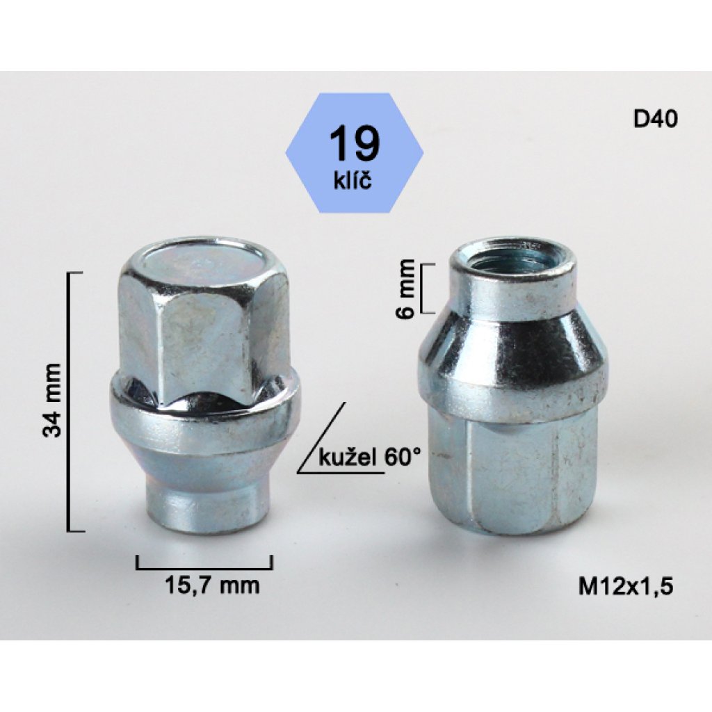 Kolová matice M12x1,5 kužel s krčkem 15,7 zavřená, klíč 19 (D40) výška 34mm, délka krčku 6