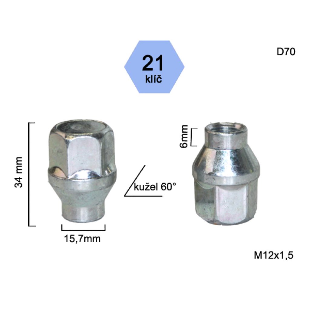 Kolová matice M12x1,5 kužel s krčkem 15,7 zavřená, klíč 21 (D70) výška 34mm, délka krčku 6
