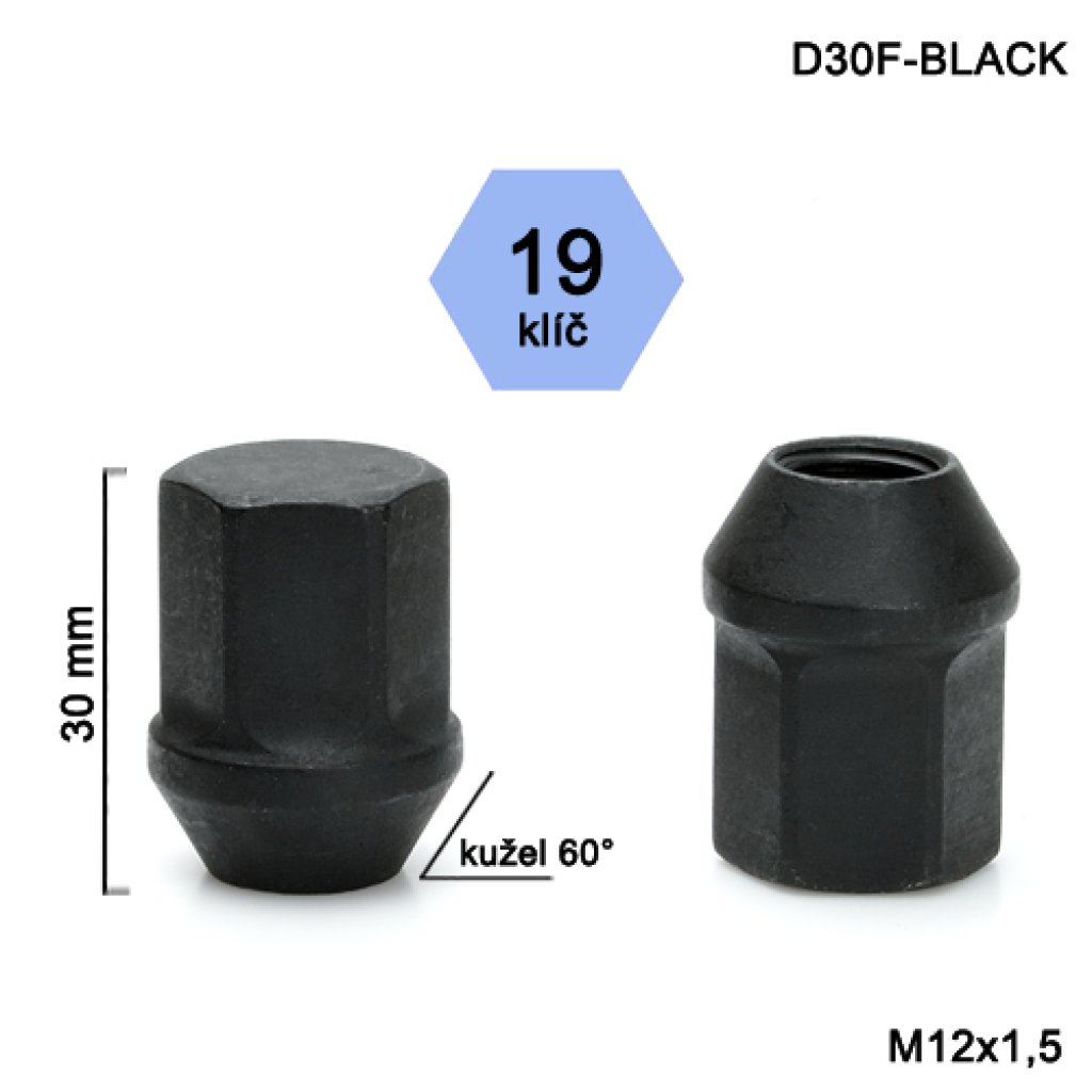 Kolová matice M12x1,5 kužel zavřená, černá, klíč 19 (D30F-BLACK)(HAD1/S BLK) výška 30mm
