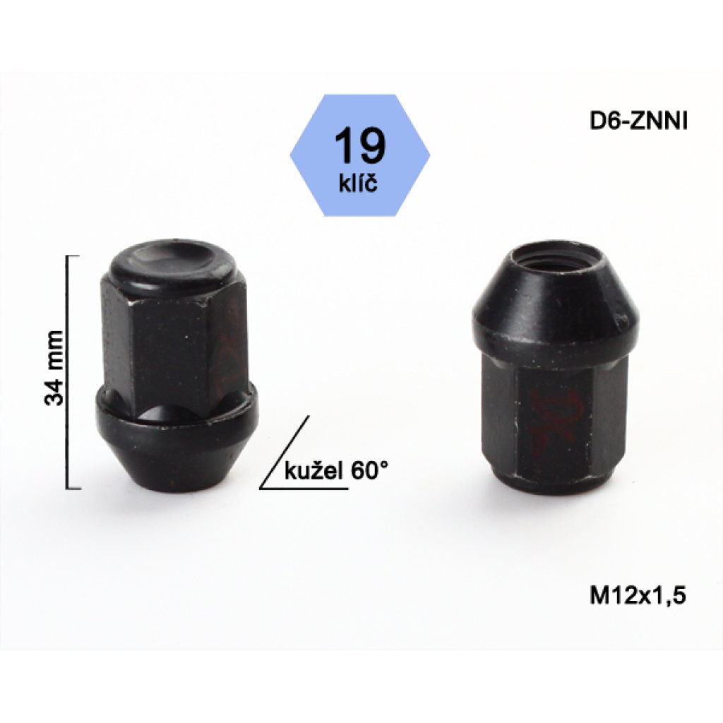 Kolová matice M12x1,5 kužel zavřená černá, klíč 19 (D6-BLACK)(HD2/S BLK) výška 34mm