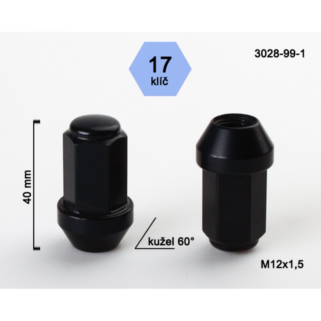 Kolová matice M12x1,5 kužel zavřená odlehčená černá, klíč 17 (3028-99-1) výška 40mm