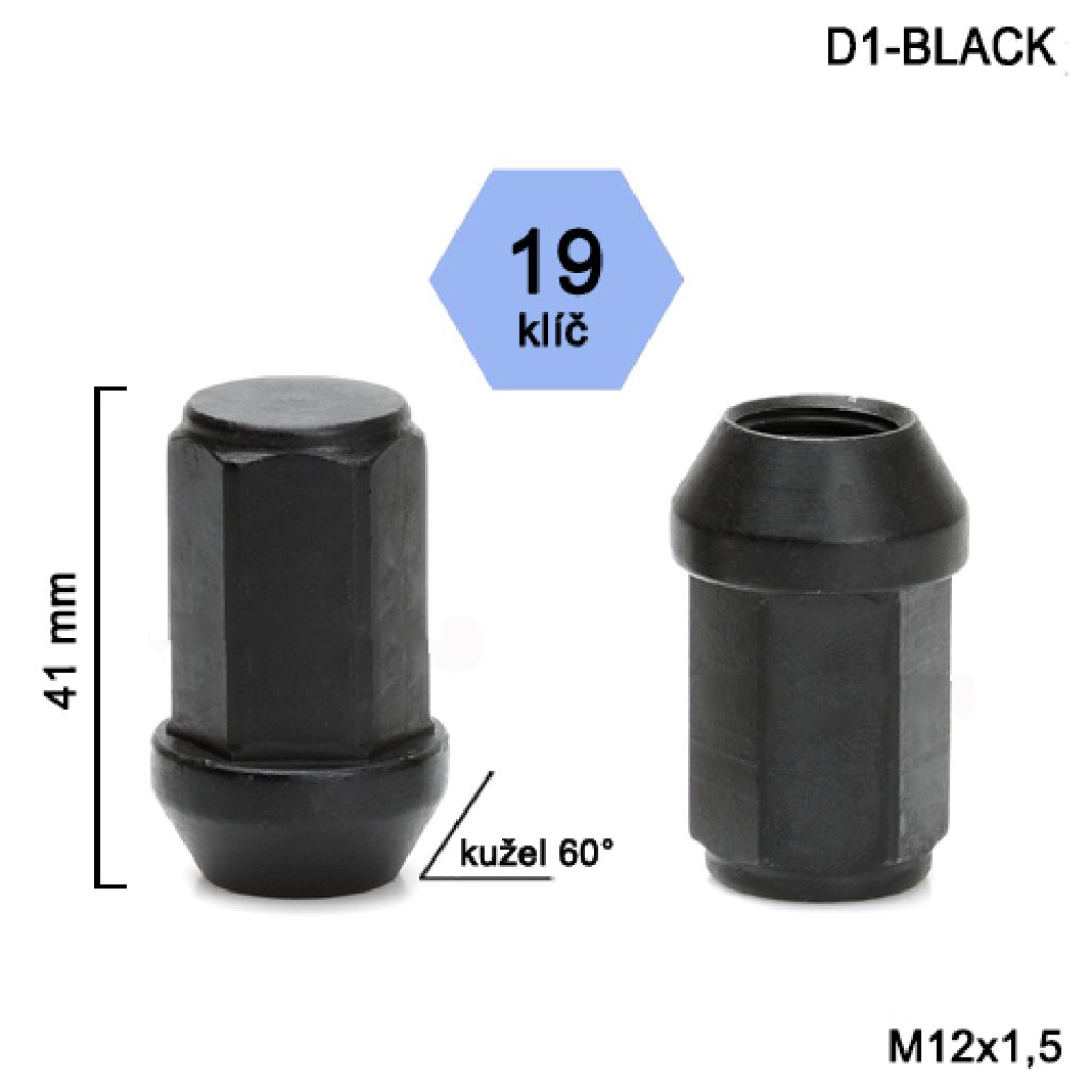 Kolová matice M12x1,5 kužel zavřená prodloužená, klíč 19 (D1-BLACK)(DE46/S BLK) výška 41mm