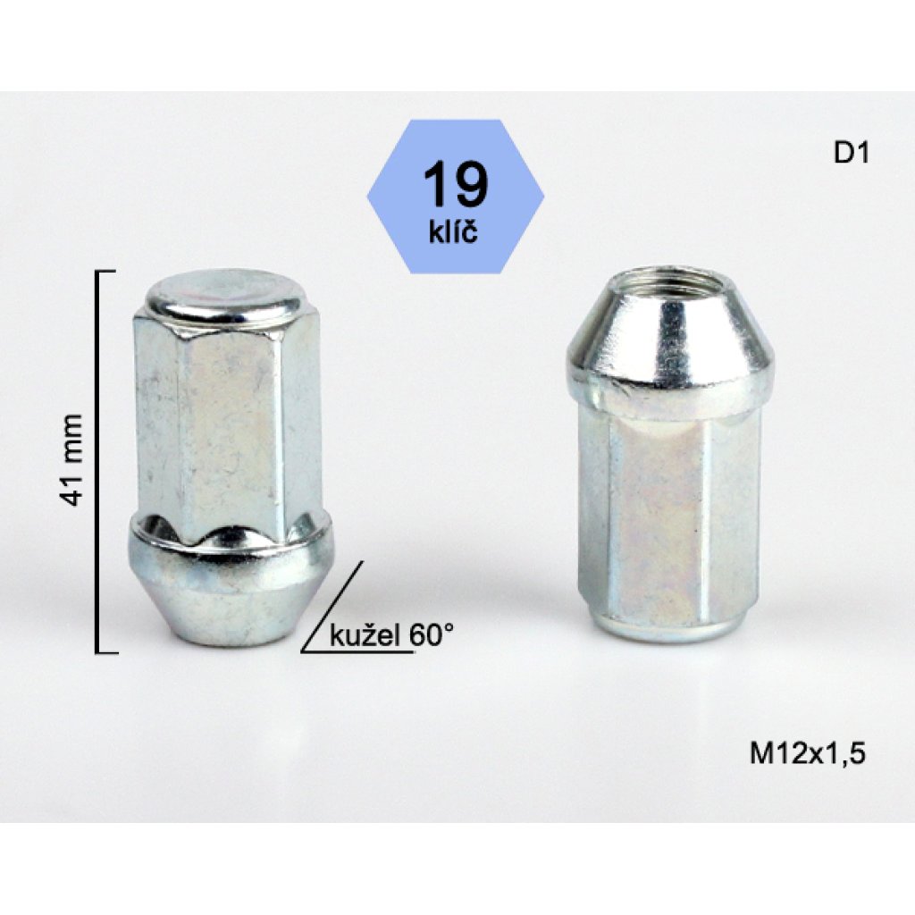 Kolová matice M12x1,5 kužel zavřená prodloužená, klíč 19 (D1)(DE46/S) výška 41mm