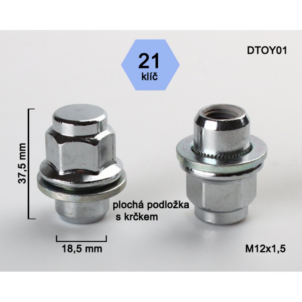 Kolová matice M12x1,5 s plochou podložkou zavřená, klíč 21 (DTOY01) chrom, výška 37,5mm