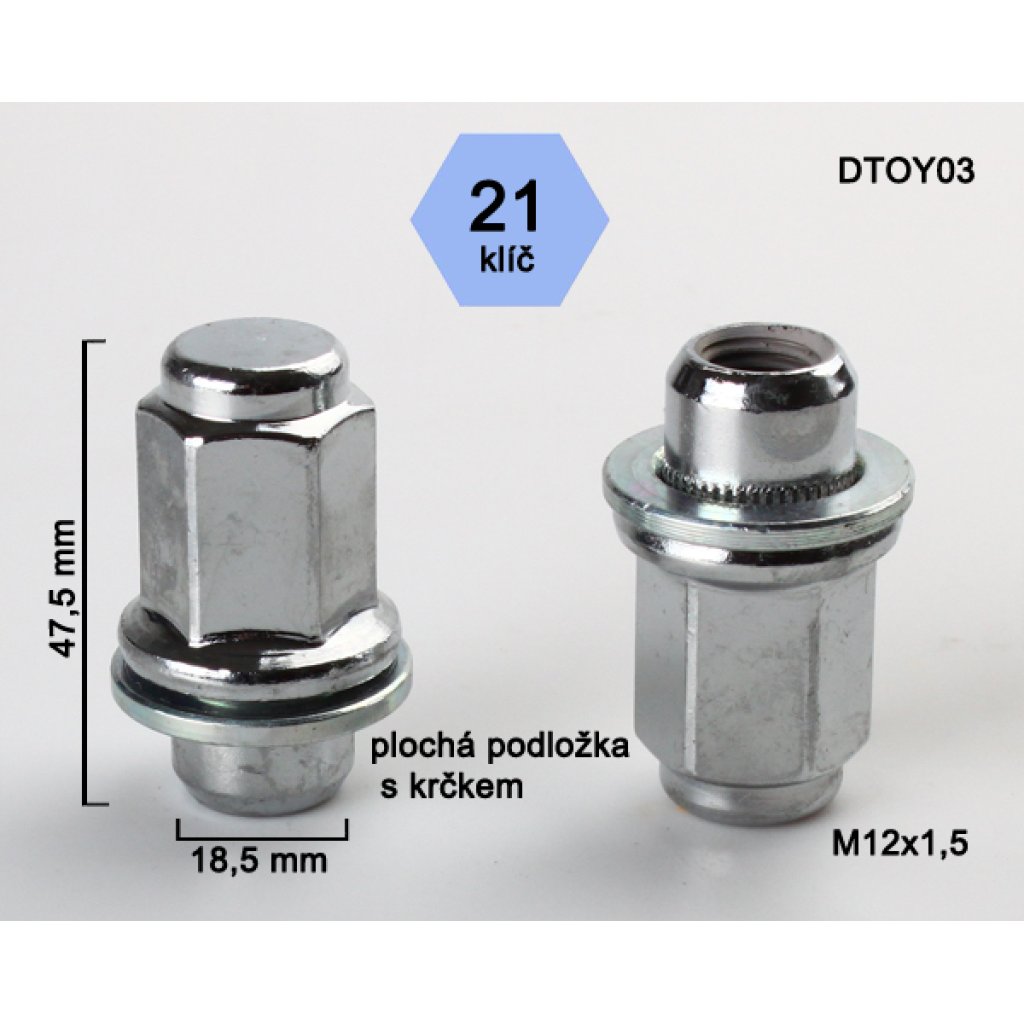 Kolová matice M12x1,5 s plochou podložkou zavřená, klíč 21 (DTOY03) výška 47,5mm