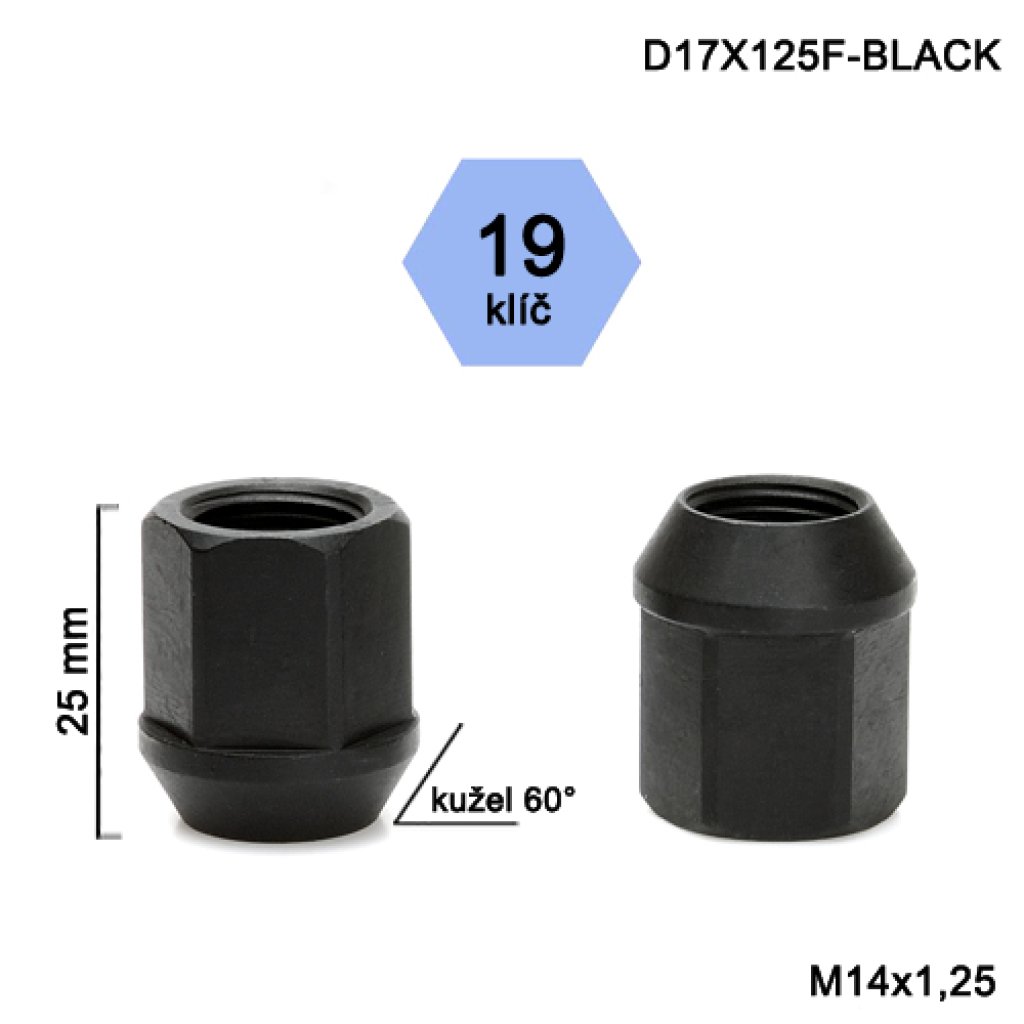 Kolová matice M14x1,25 kužel otevřená, černá, klíč 19 (D17X125F-BLACK) výška 25mm