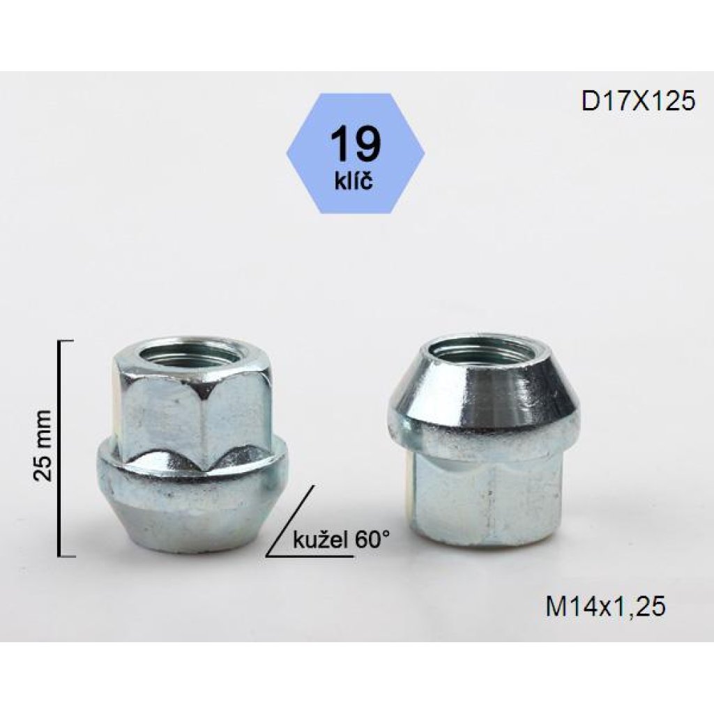 Kolová matice M14x1,25 kužel otevřená, klíč 19 (D17X125) výška 25mm