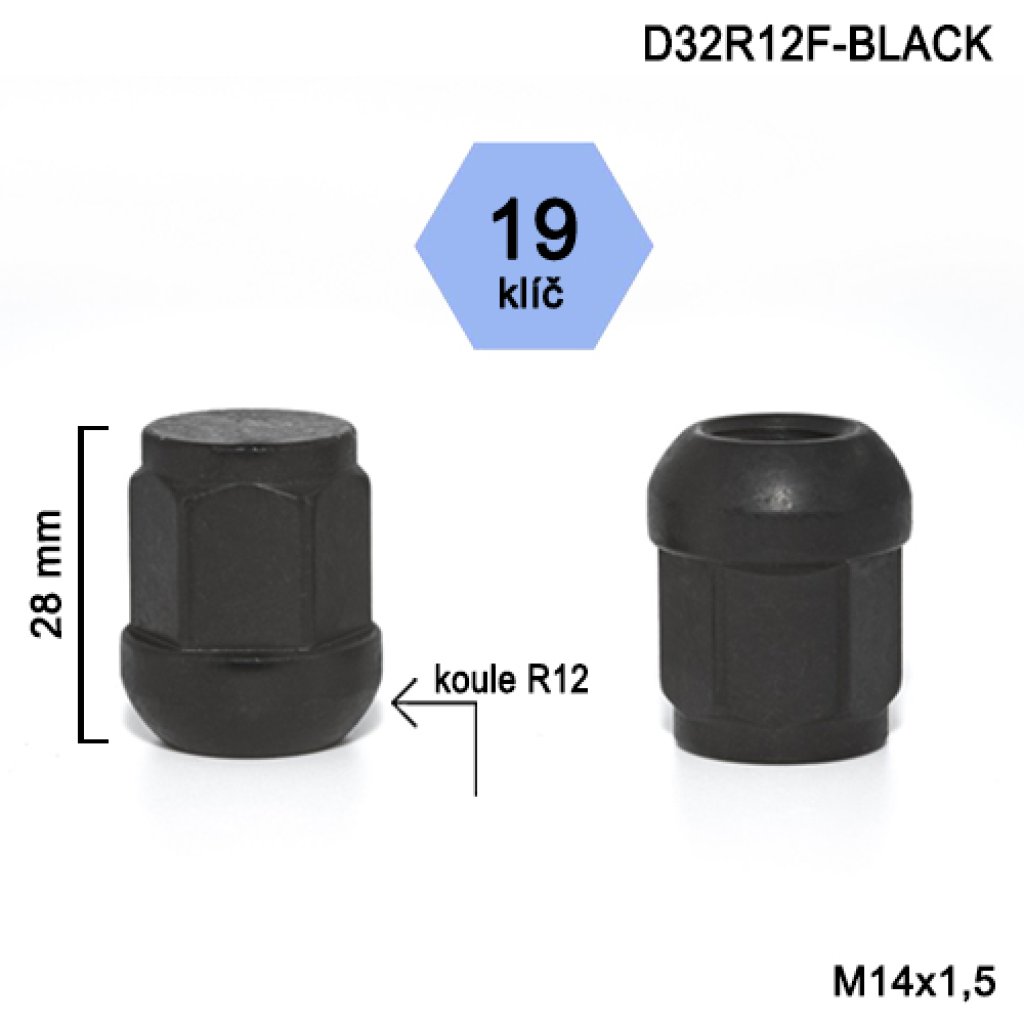 Kolová matice M14x1,5 kulová R12 zavřená, klíč 19 (D32R12F-BLACK) černý, výška 28 mm