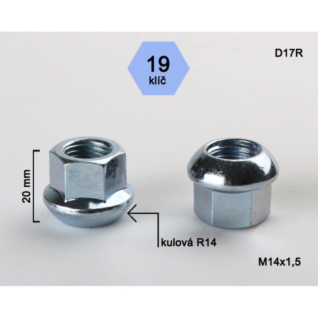 Kolová matice M14x1,5 kulová R14 otevřená (D17R14) klíč 19, výška 20mm
