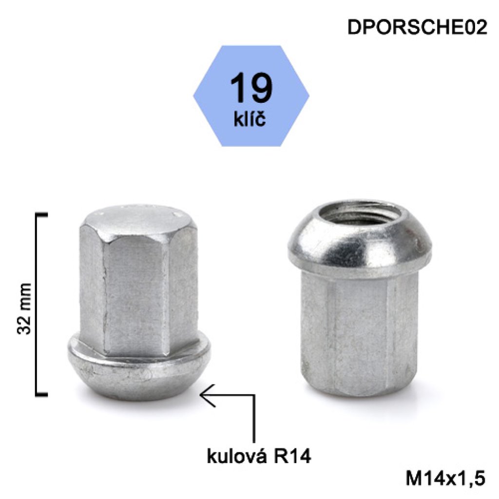 Kolová matice M14x1,5 kulová R14 zavřená, klíč 19 (DPORSCHE02) výška 32mm