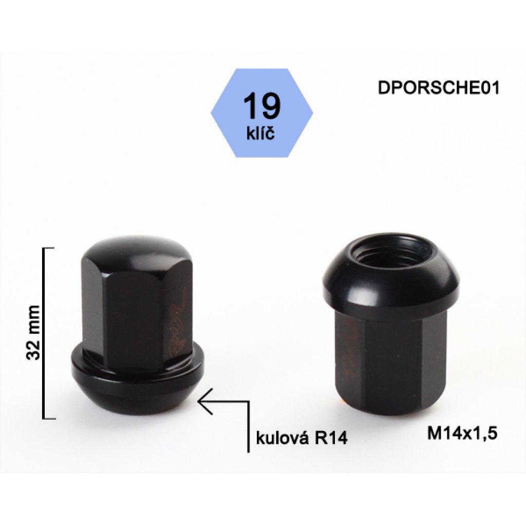 Kolová matice M14x1,5 kulová R14 zavřená odlehčená černá, klíč 19 (DPORSCHE01) výška 32mm