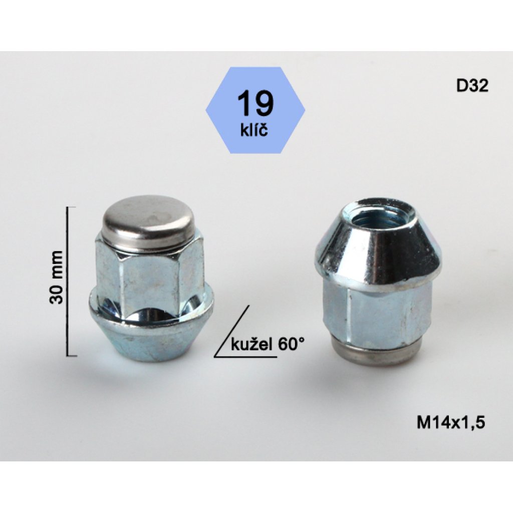 Kolová matice M14x1,5 kužel nerez víčko, klíč 19 (D32) výška 30mm