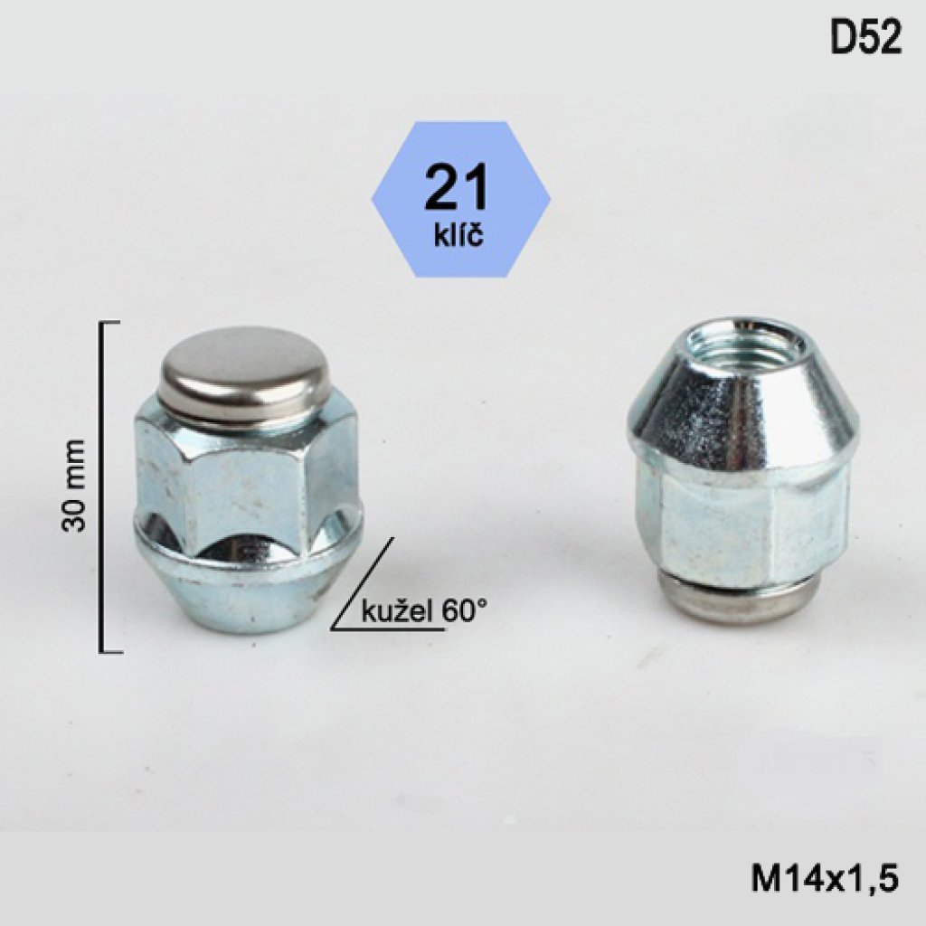 Kolová matice M14x1,5 kužel nerez víčko, klíč 21 (D52) výška 30mm