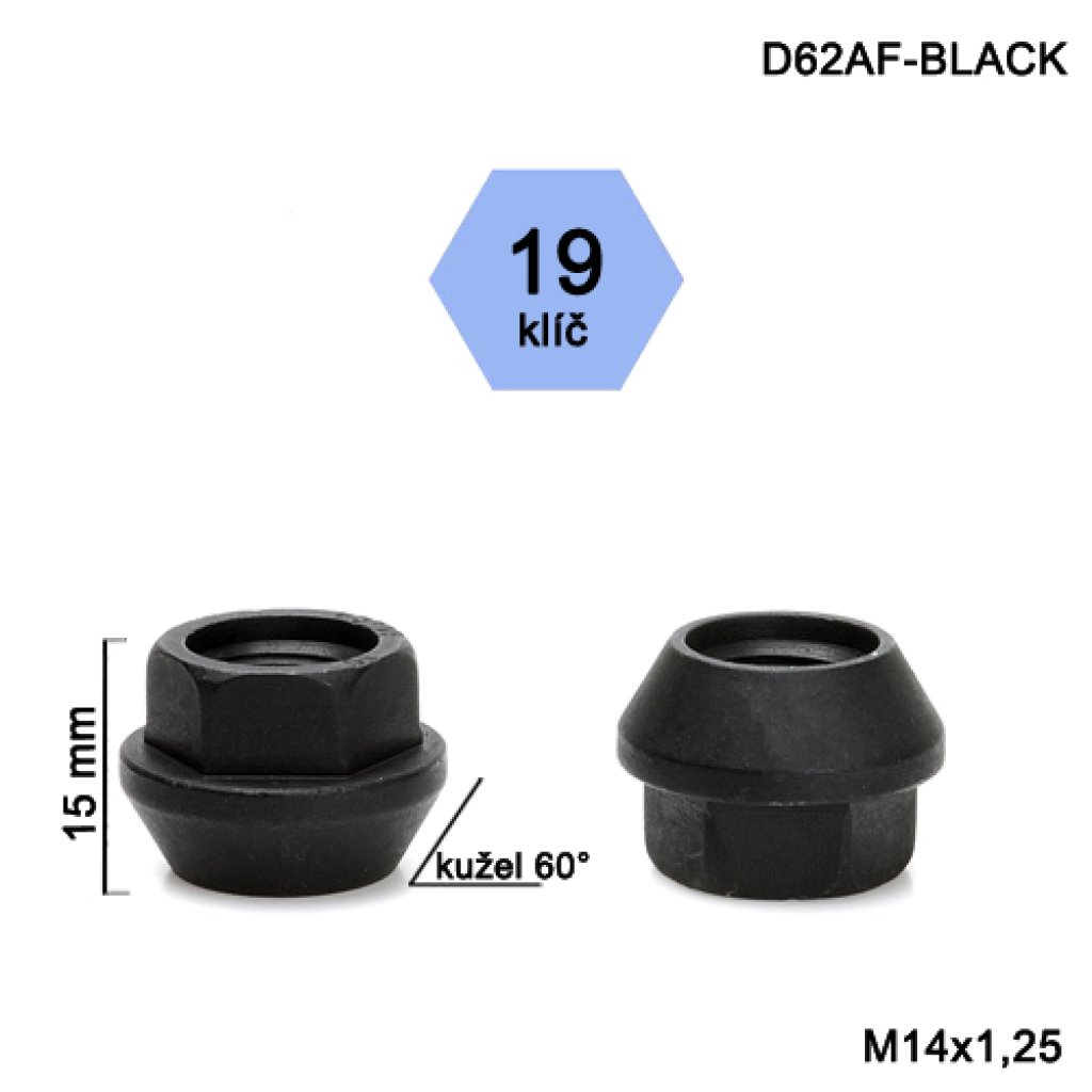Kolová matice M14x1,5 kužel otevřená, černá, klíč 19 (D62AF-BLACK) výška 15mm