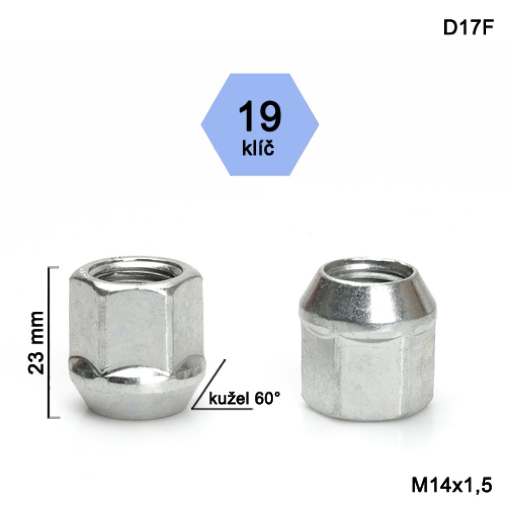 Kolová matice M14x1,5 kužel otevřená, klíč 19 (D17F)(DE36/S) výška 23mm