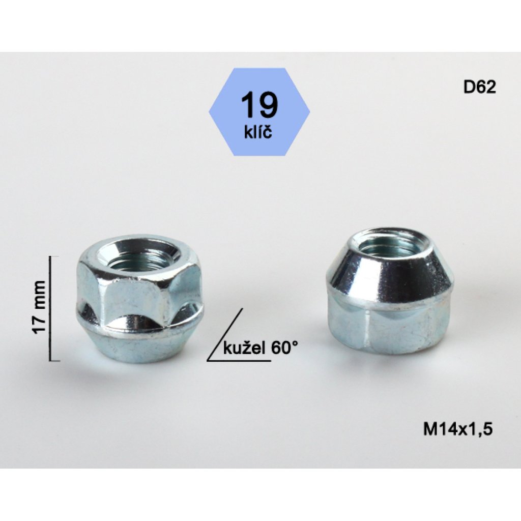 Kolová matice M14x1,5 kužel otevřená, klíč 19 (D62) výška 17mm