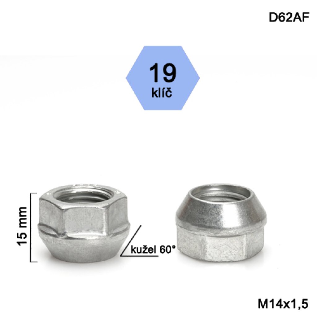 Kolová matice M14x1,5 kužel otevřená, klíč 19 (D62AF) výška 15mm