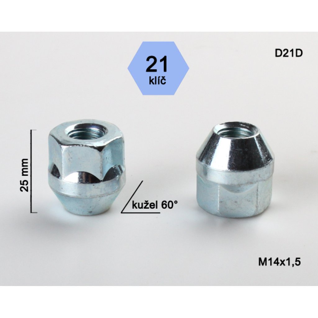 Kolová matice M14x1,5 kužel otevřená, klíč 21 (D21D) výška 25mm