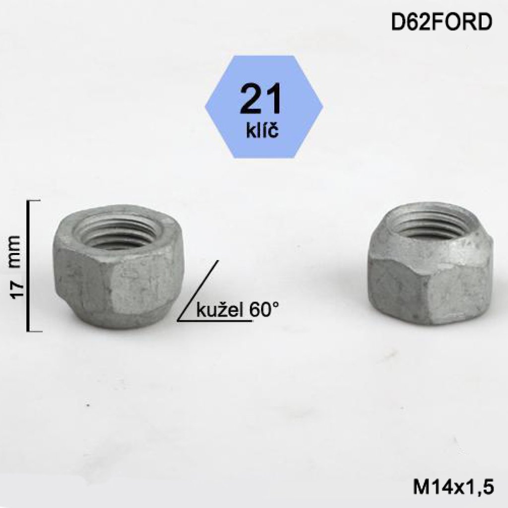 Kolová matice M14x1,5 kužel otevřená, klíč 21 (D62FORD) výška 17mm